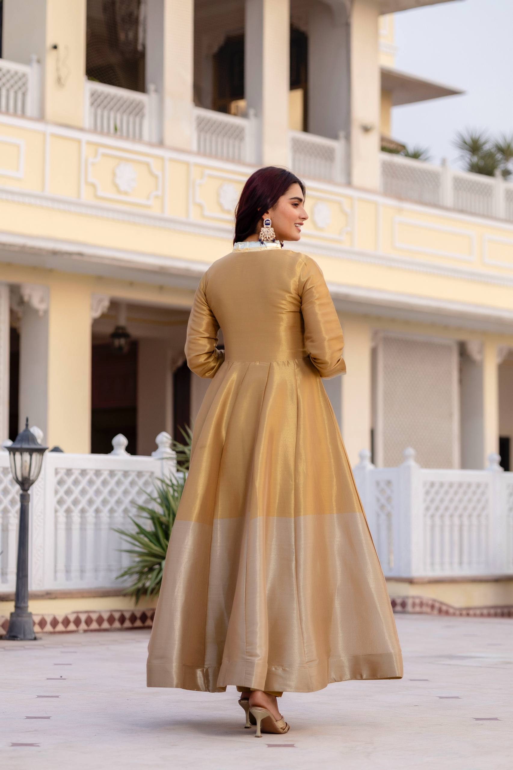 Kasumbi dark golden pure banarasi viscose anarkali suit set