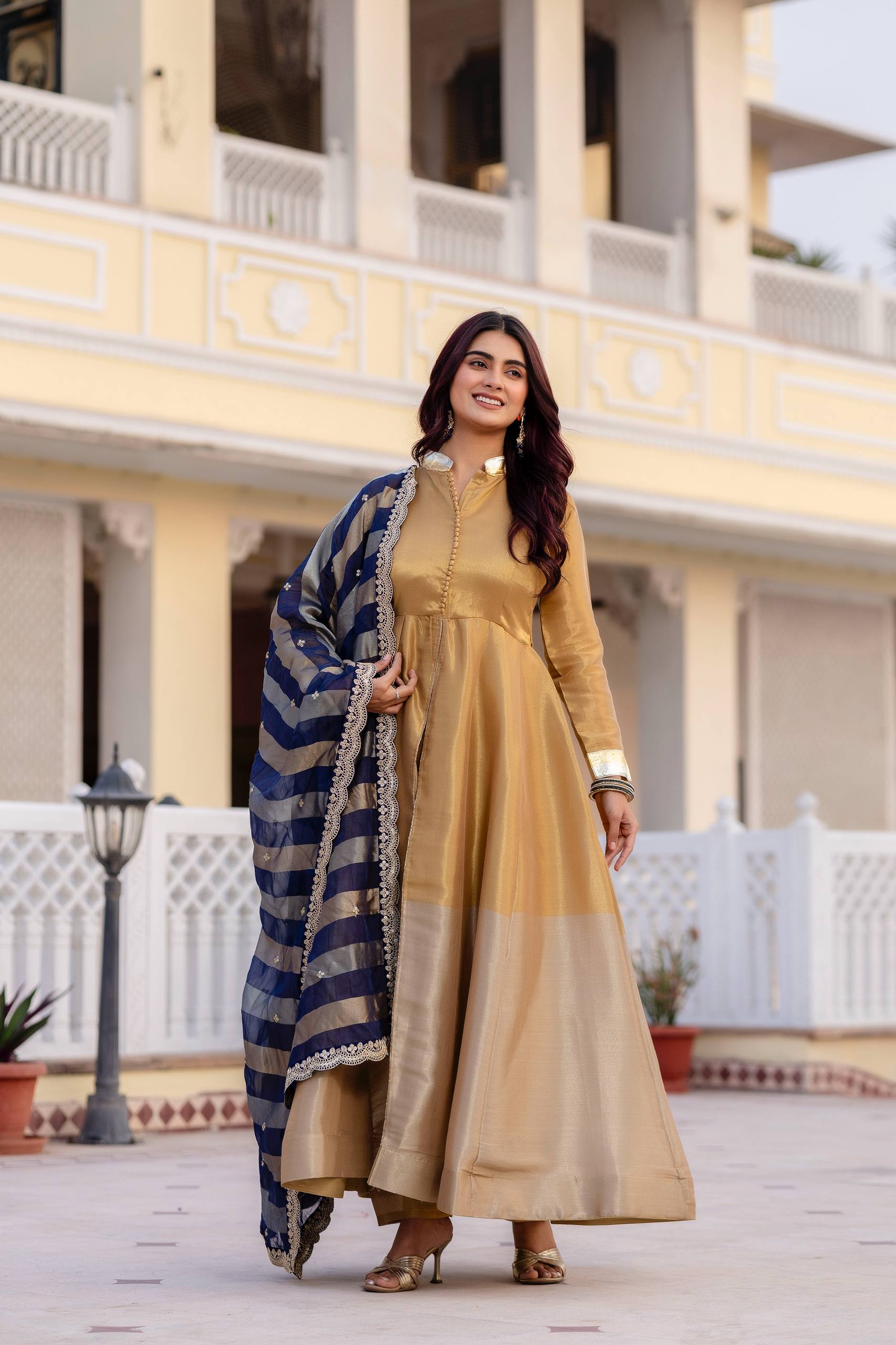 Kasumbi dark golden pure banarasi viscose anarkali suit set