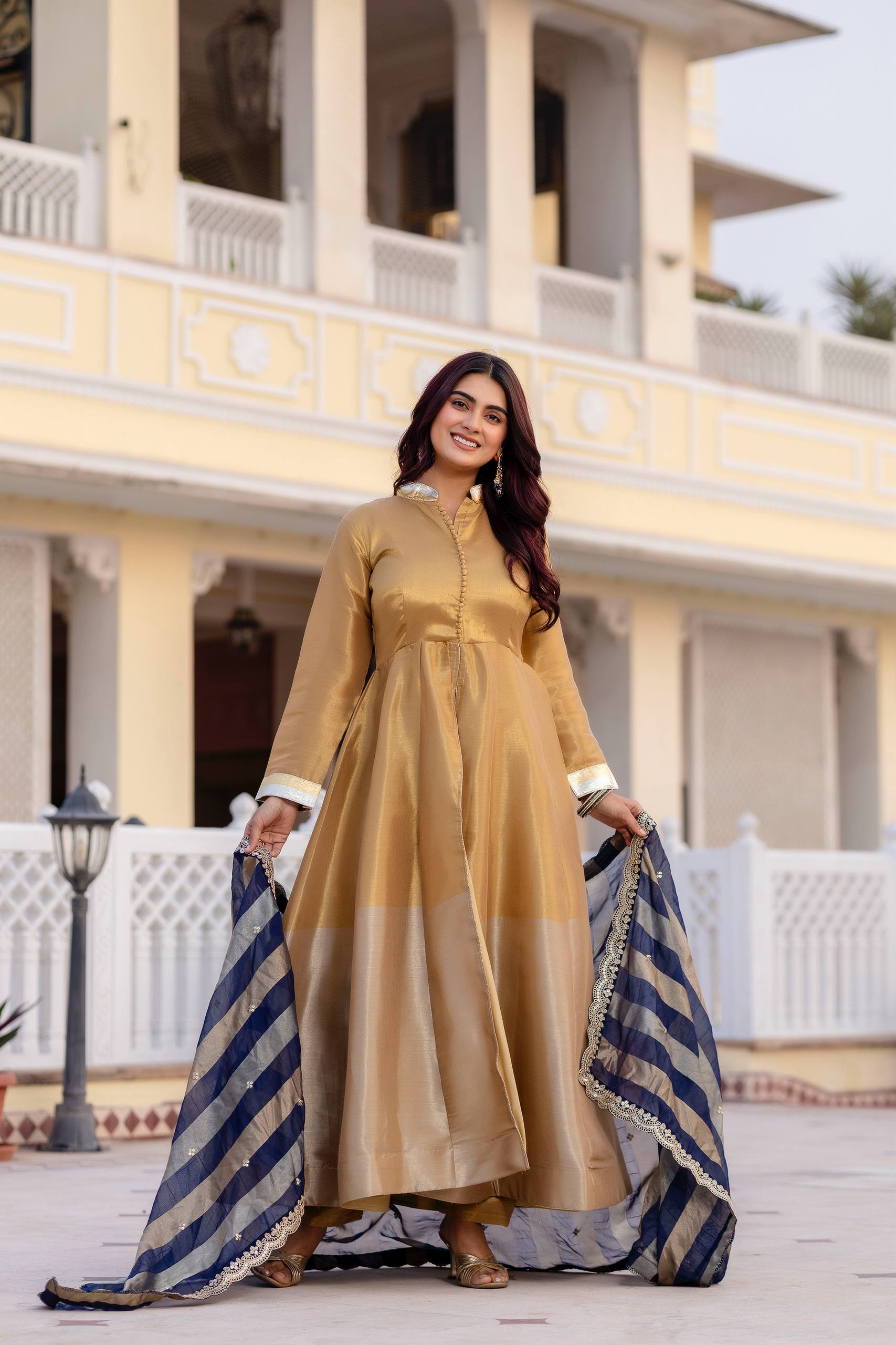 Kasumbi dark golden pure banarasi viscose anarkali suit set