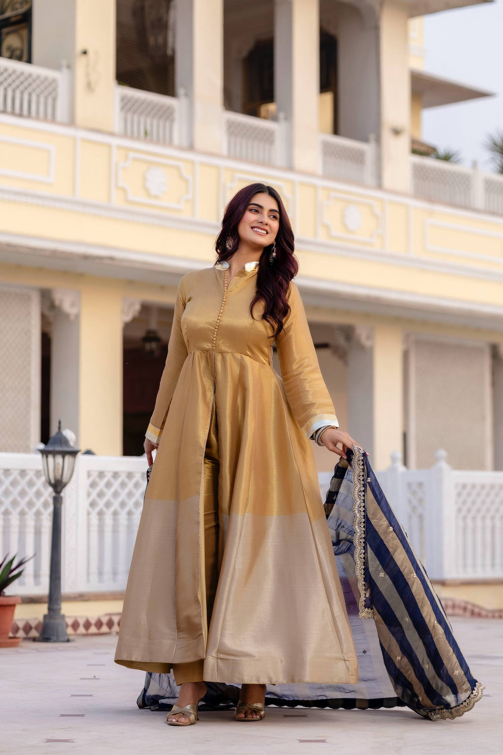 Kasumbi dark golden pure banarasi viscose anarkali suit set