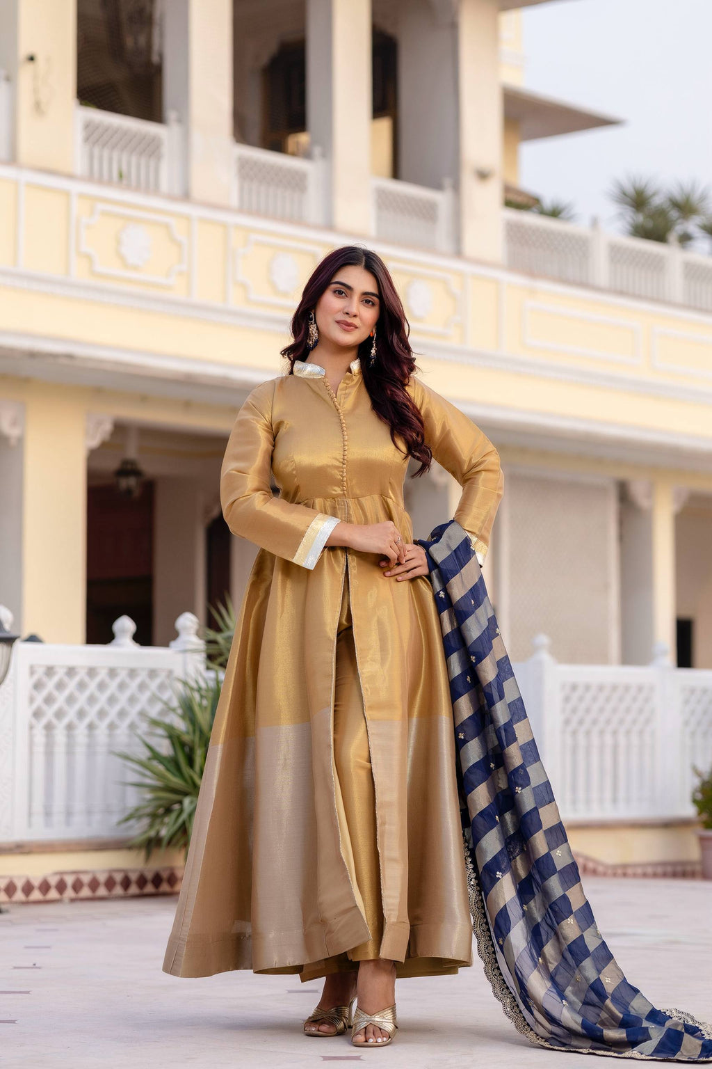 Kasumbi dark golden pure banarasi viscose anarkali suit set