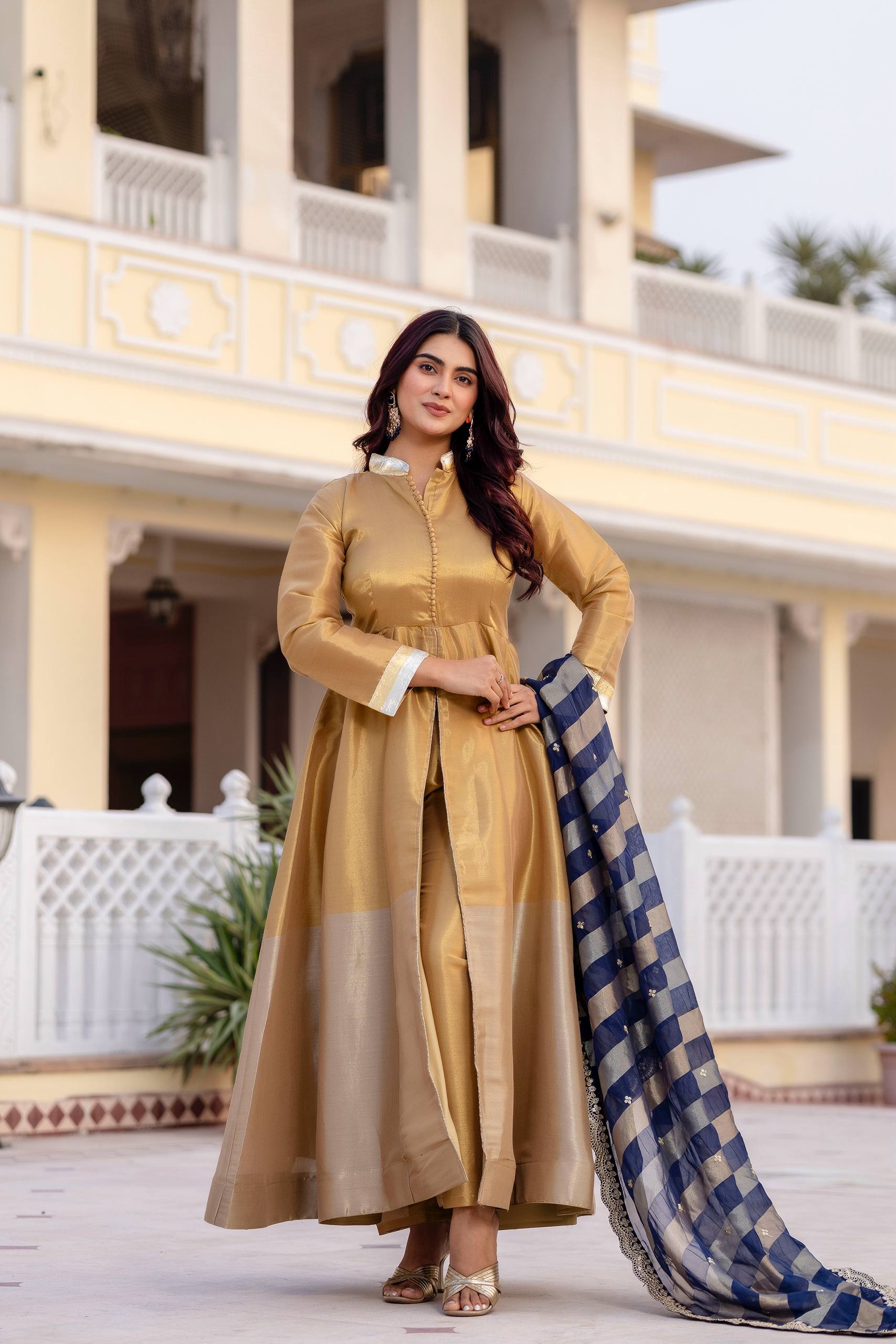 Kasumbi dark golden pure banarasi viscose anarkali suit set