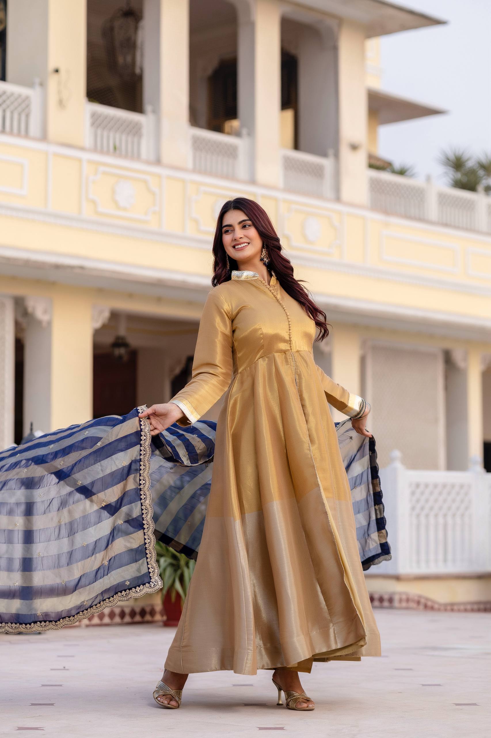 Kasumbi dark golden pure banarasi viscose anarkali suit set