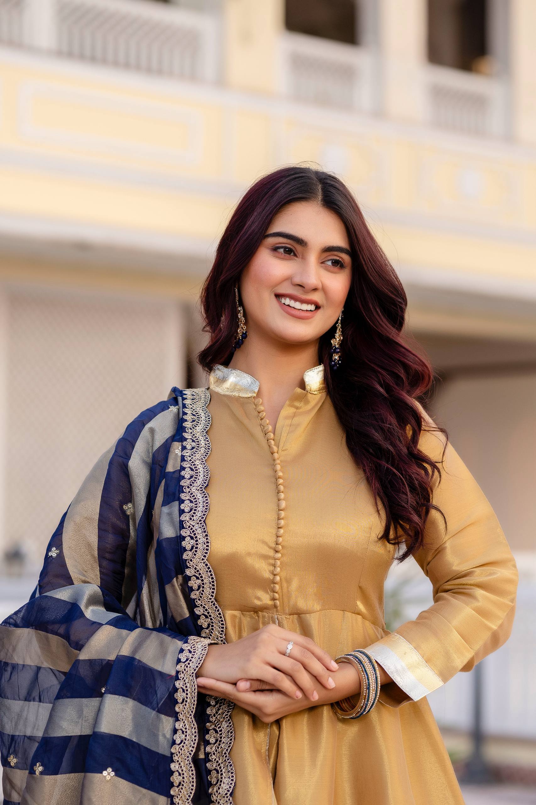 Kasumbi dark golden pure banarasi viscose anarkali suit set