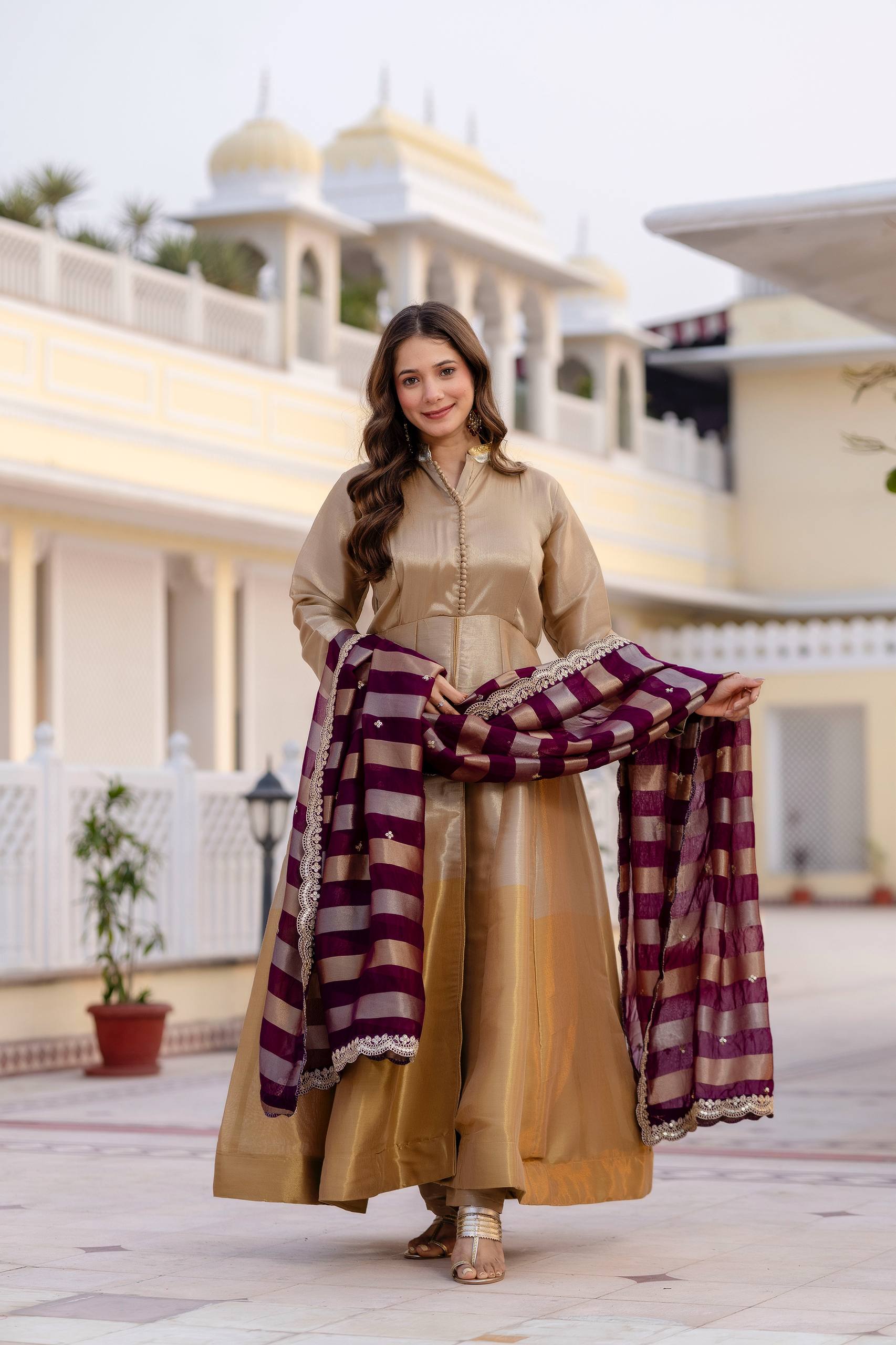 Kasumbi light golden pure banarasi viscose anarkali suit set