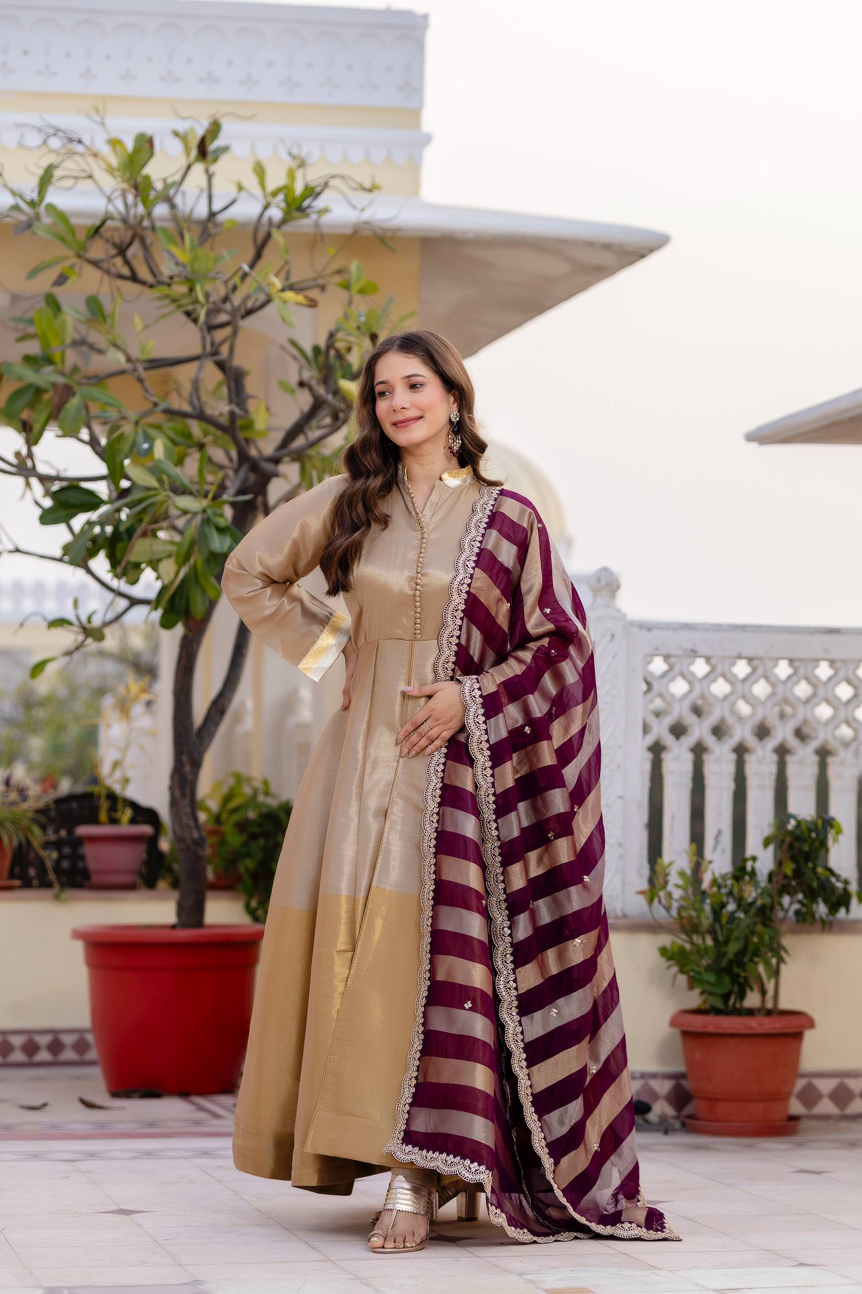 Kasumbi light golden pure banarasi viscose anarkali suit set