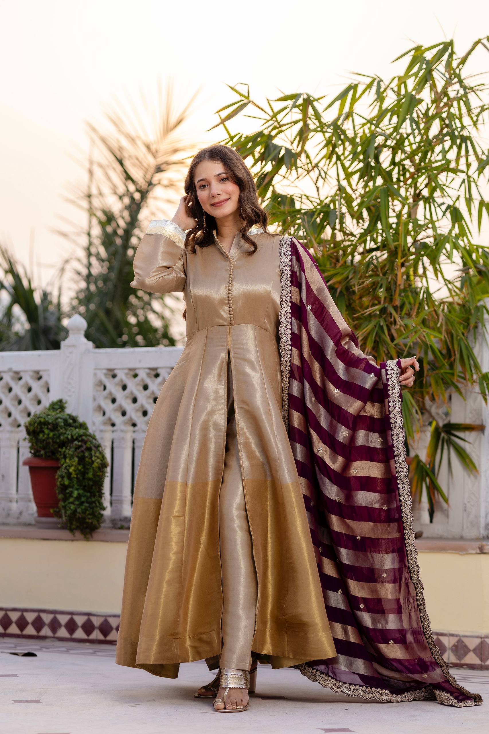 Kasumbi light golden pure banarasi viscose anarkali suit set