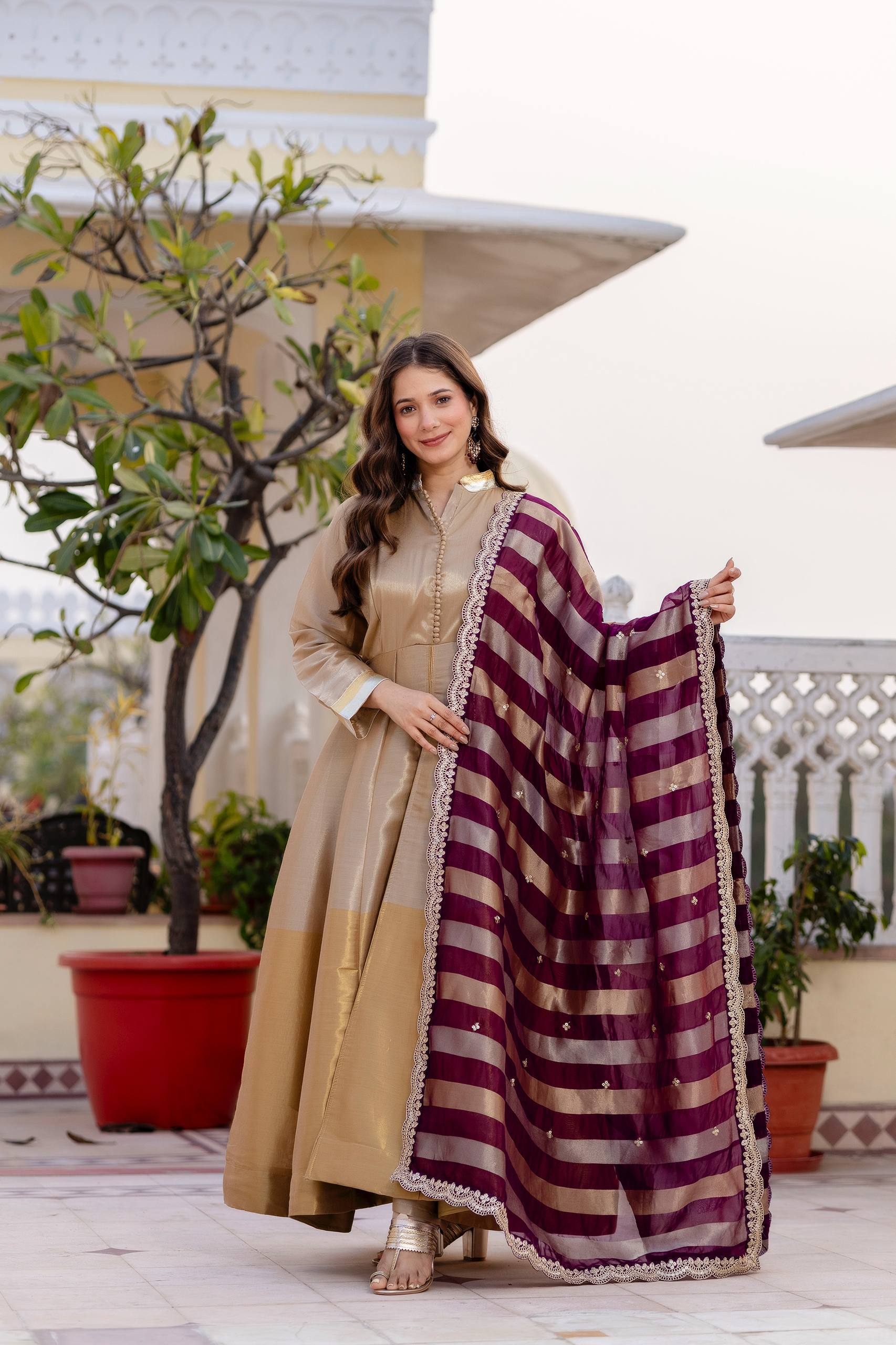 Kasumbi light golden pure banarasi viscose anarkali suit set