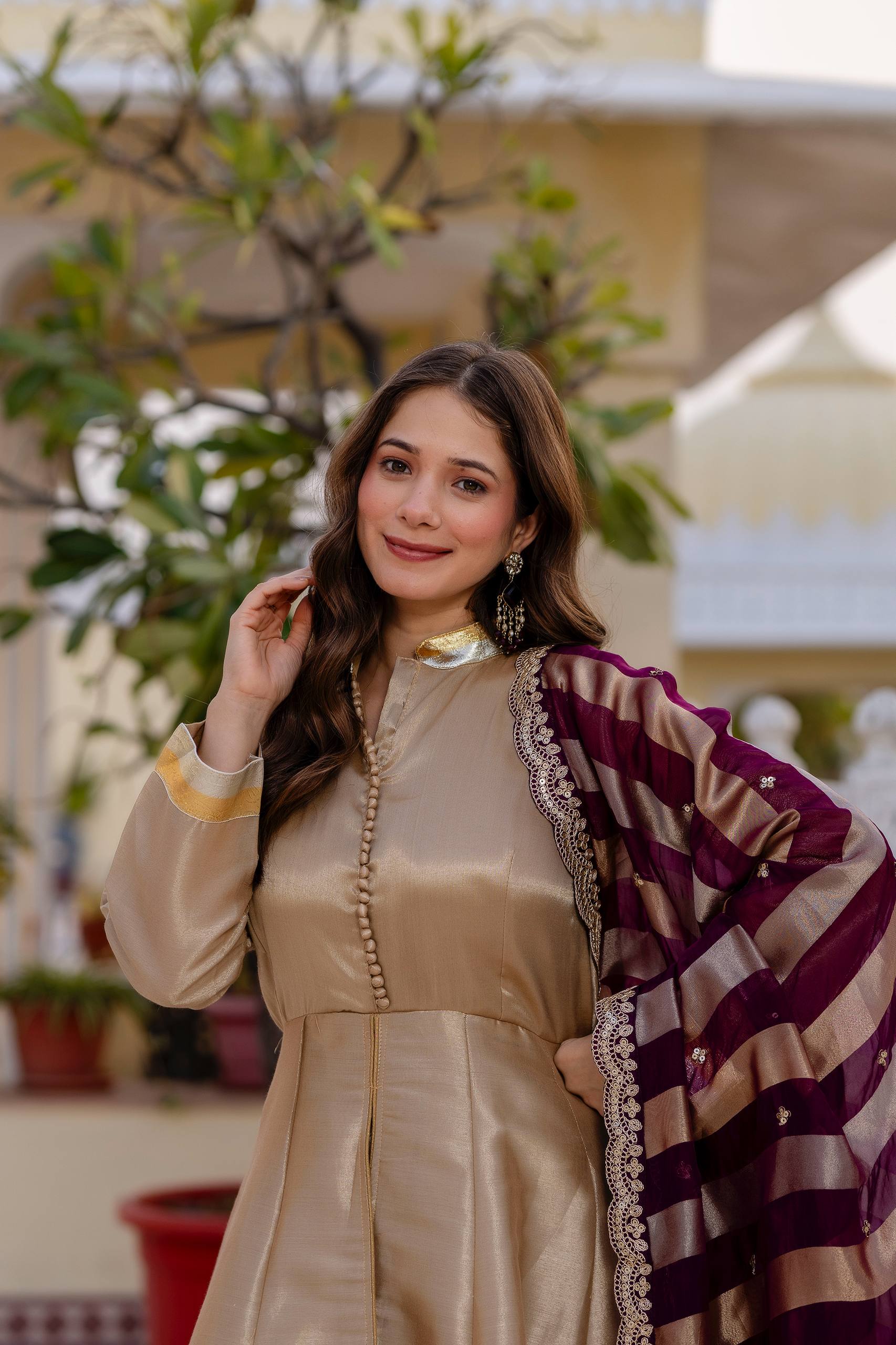 Kasumbi light golden pure banarasi viscose anarkali suit set