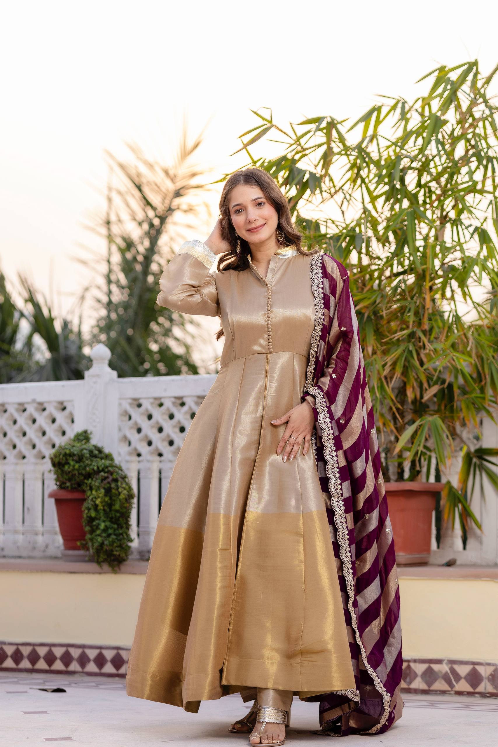 Kasumbi light golden pure banarasi viscose anarkali suit set