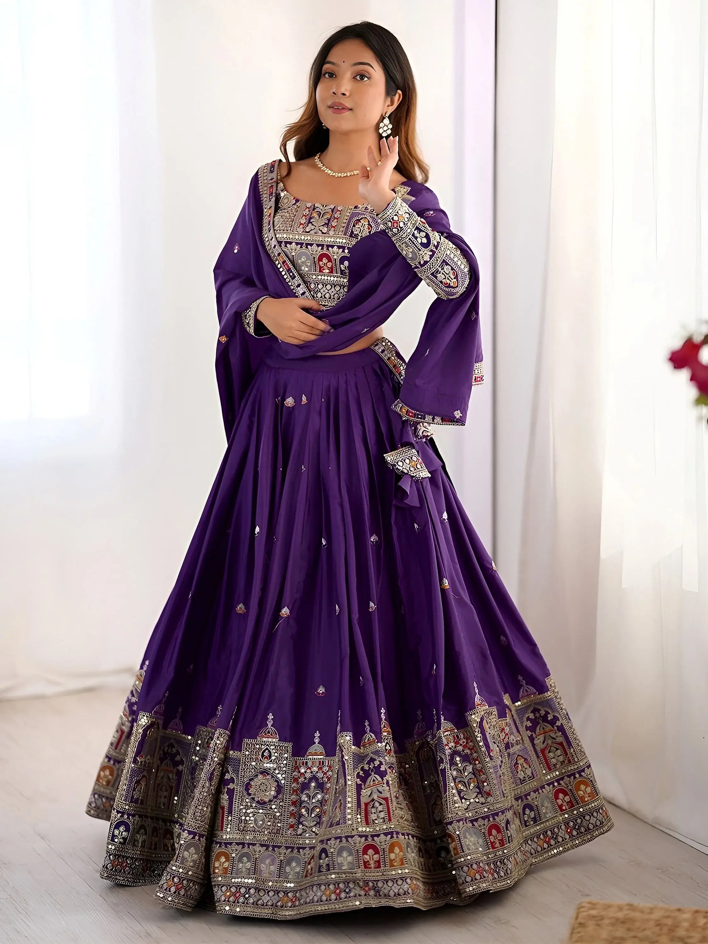 Kavyani Natural Crepe Silk Purple Color Lehenga Choli