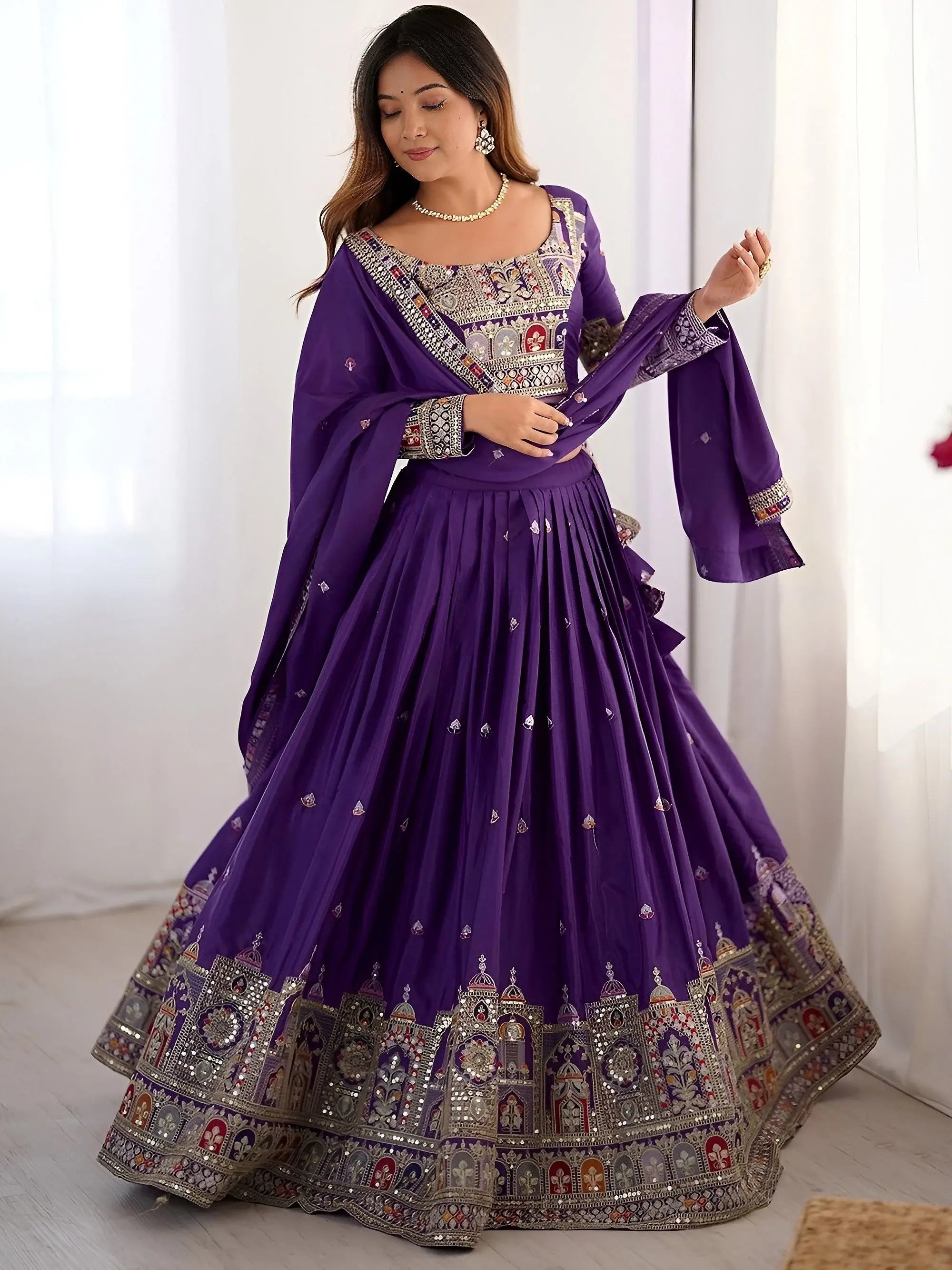 Kavyani Natural Crepe Silk Purple Color Lehenga Choli