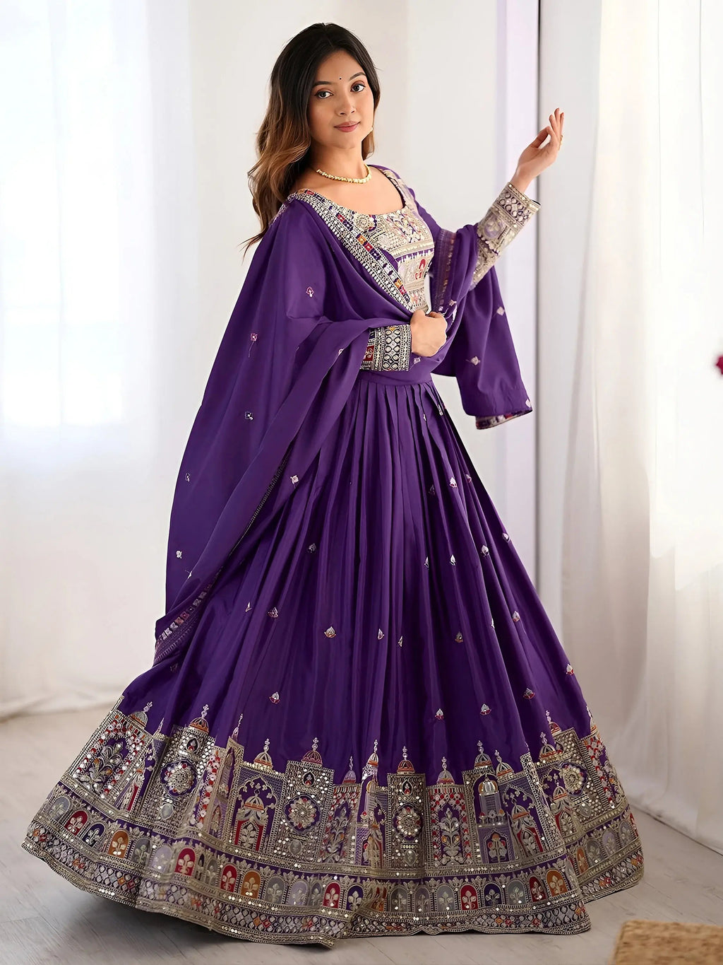 Kavyani Natural Crepe Silk Purple Color Lehenga Choli