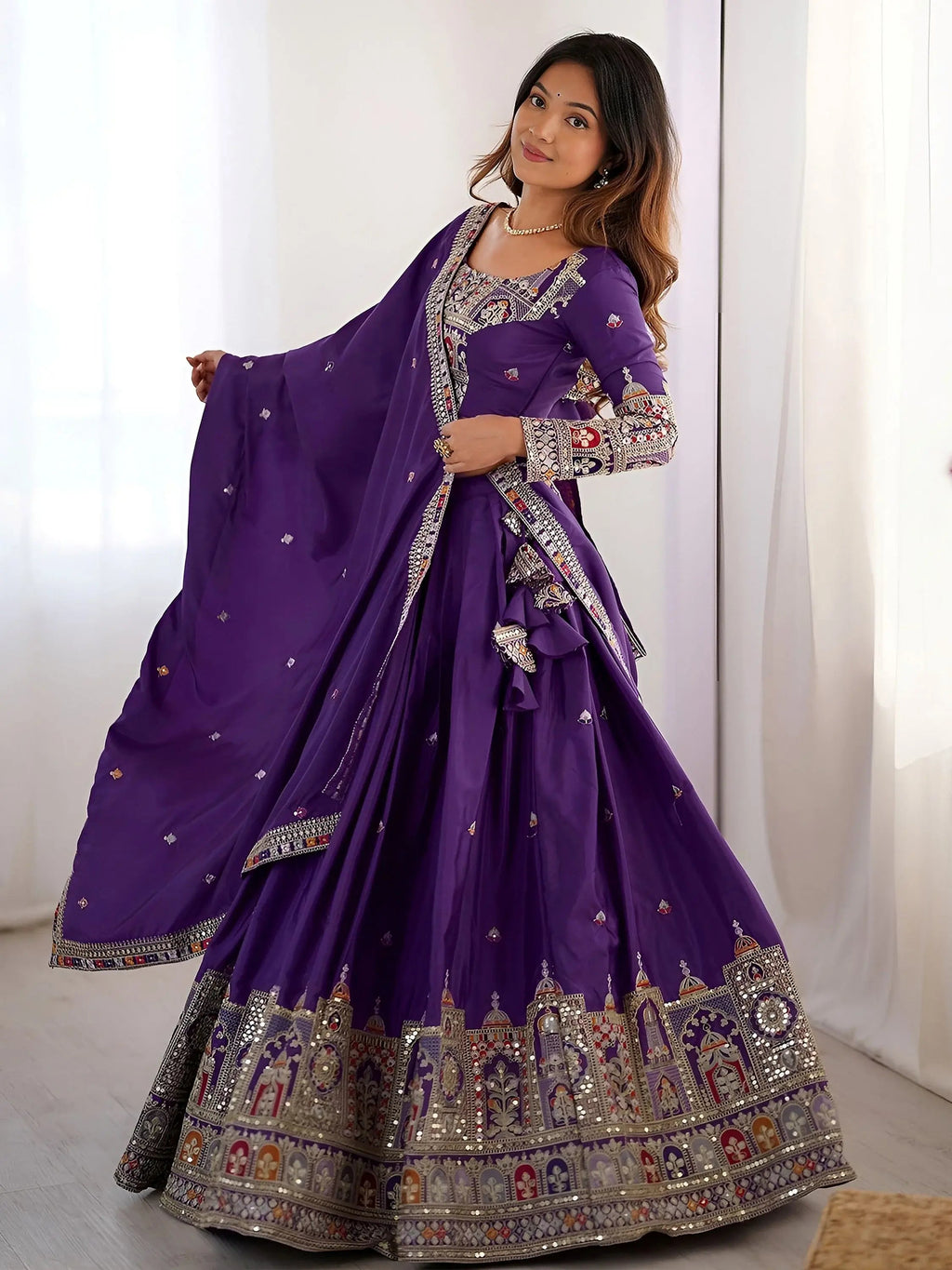 Kavyani Natural Crepe Silk Purple Color Lehenga Choli