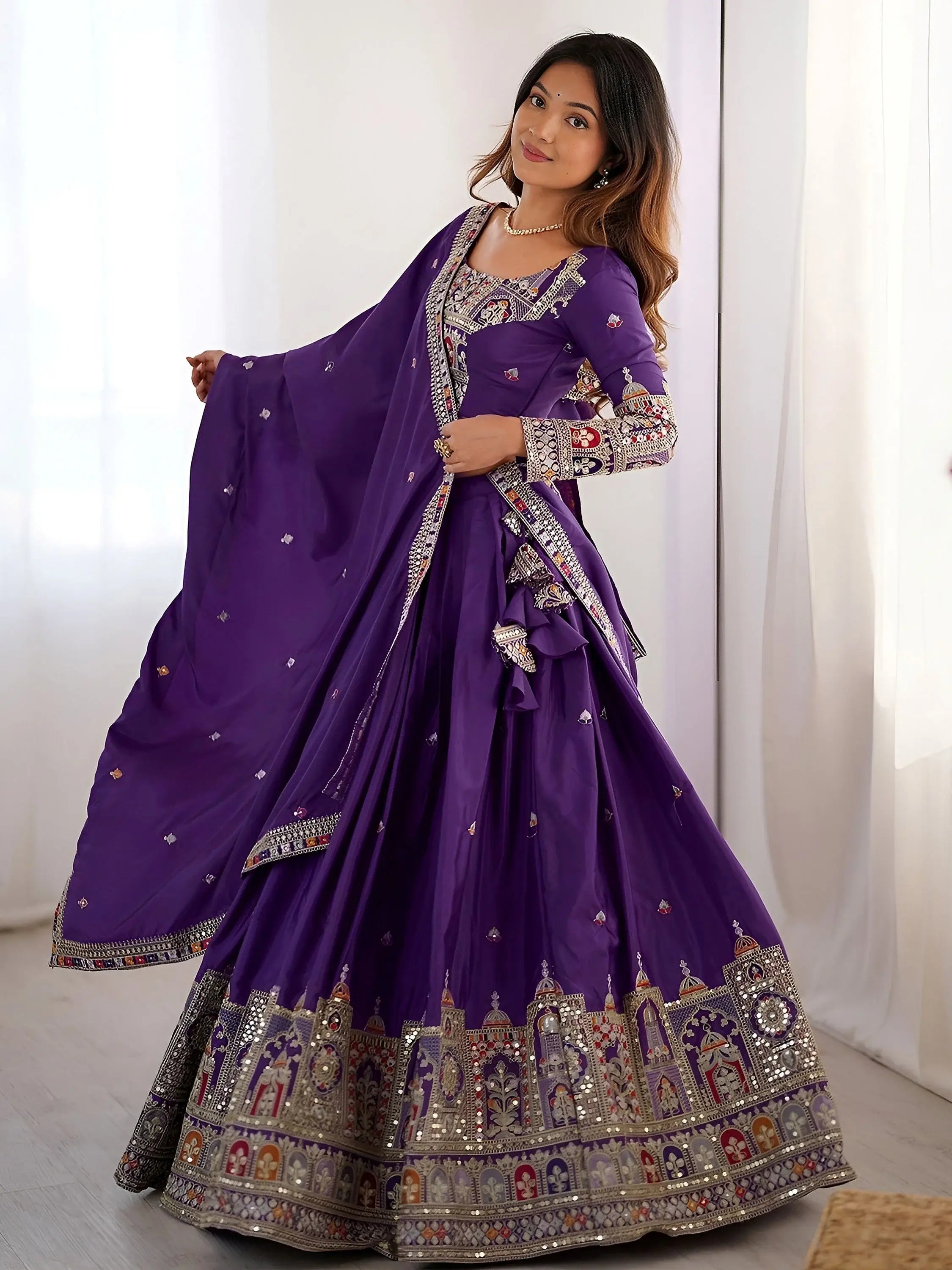 Kavyani Natural Crepe Silk Purple Color Lehenga Choli
