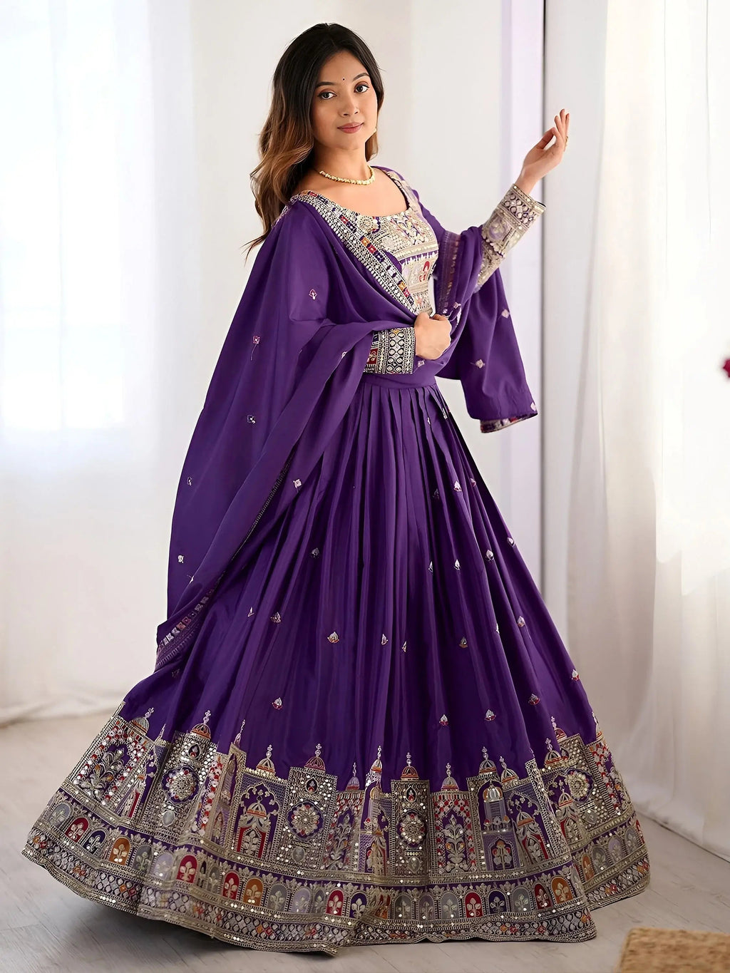 Kavyani Natural Crepe Silk Purple Color Lehenga Choli
