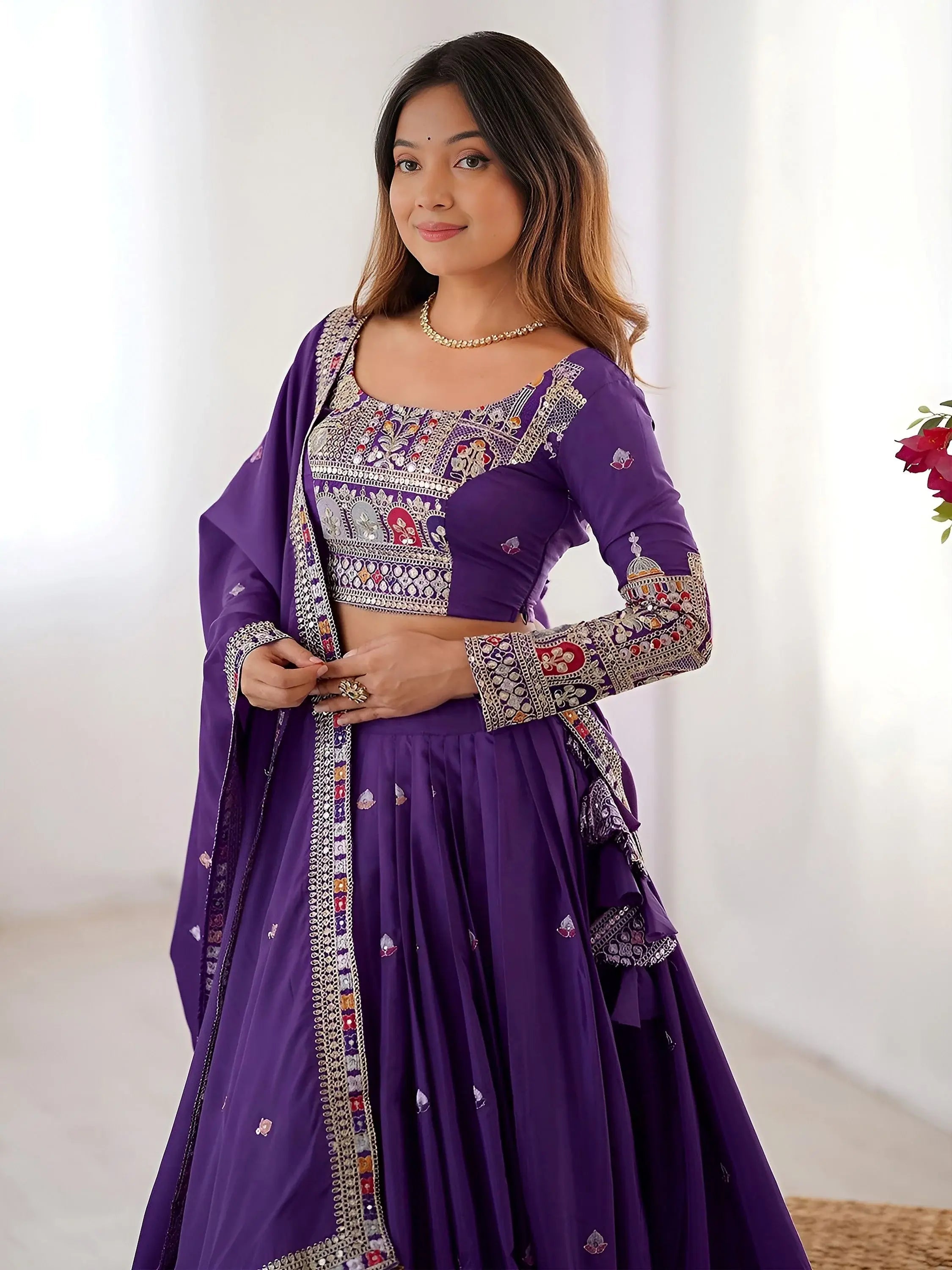 Kavyani Natural Crepe Silk Purple Color Lehenga Choli