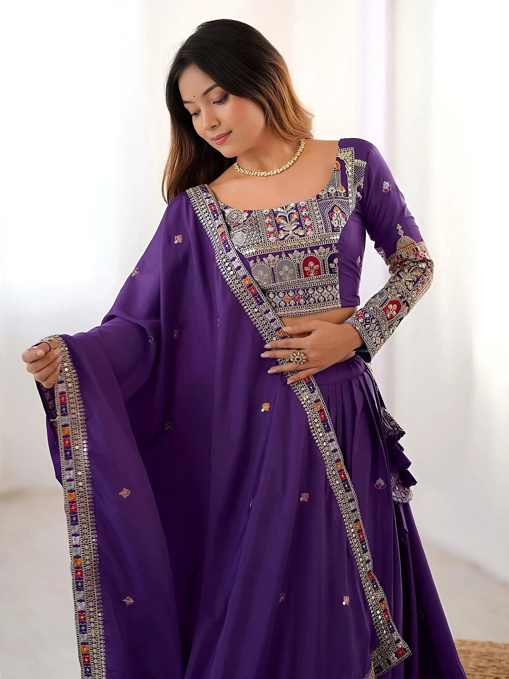 Kavyani Natural Crepe Silk Purple Color Lehenga Choli