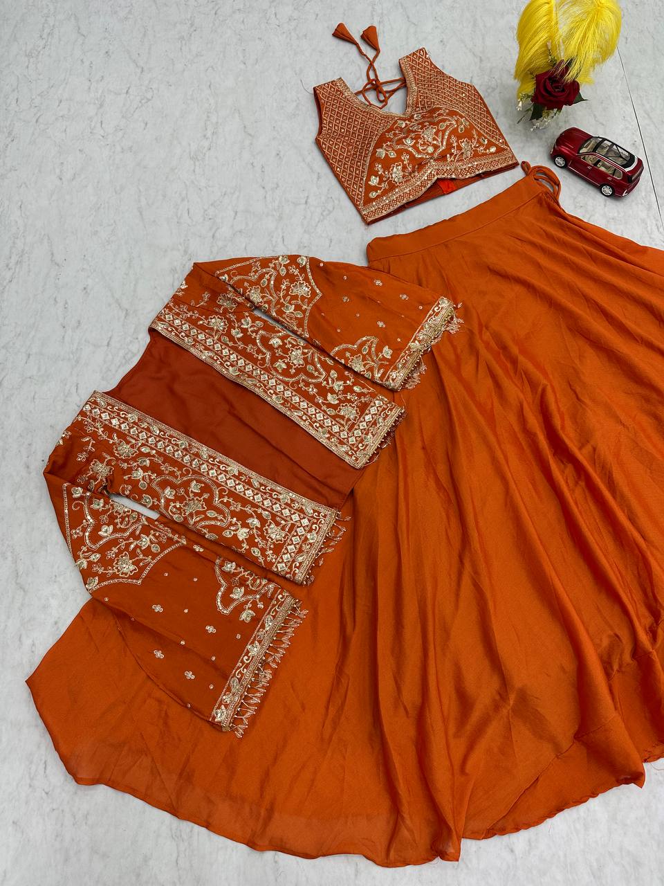 Keyara orange chinon embroidery work lehenga choli set with jacket