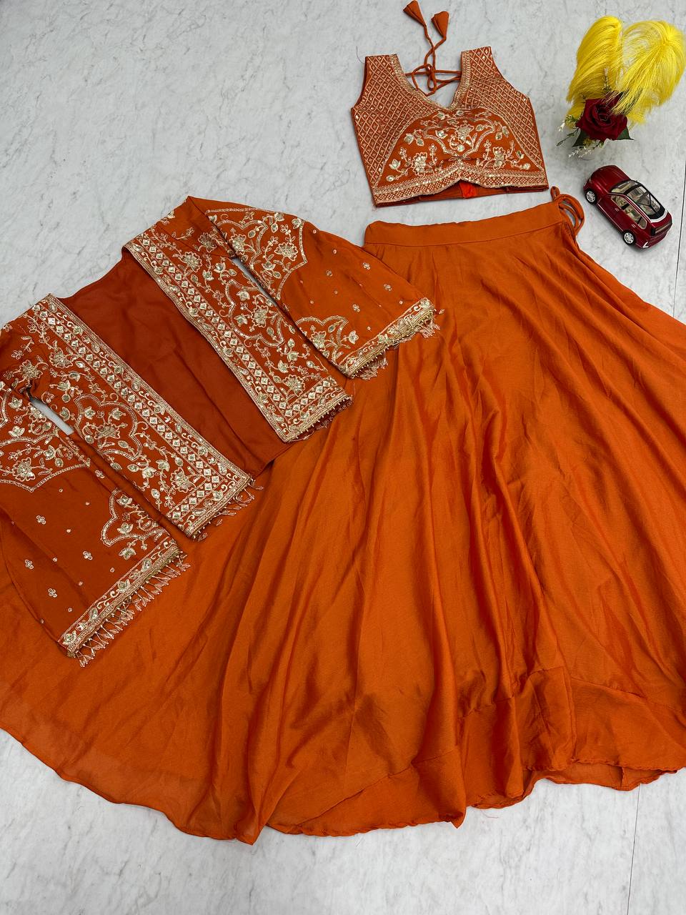 Keyara orange chinon embroidery work lehenga choli set with jacket