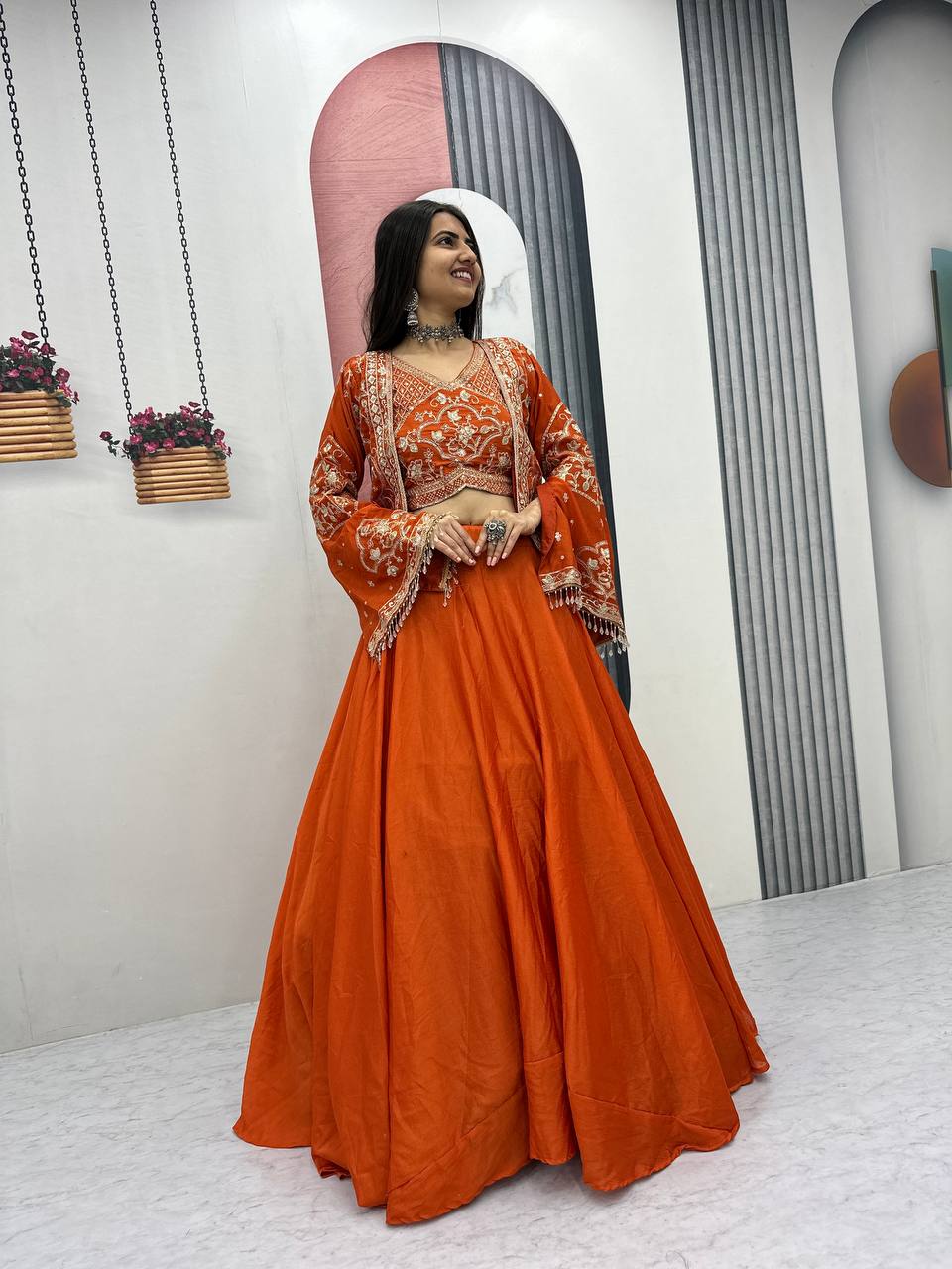 Keyara orange chinon embroidery work lehenga choli set with jacket
