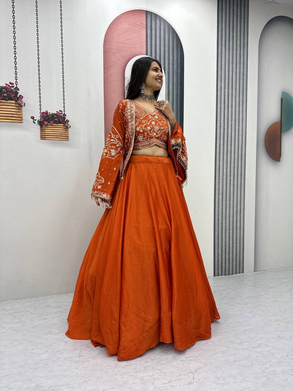 Keyara orange chinon embroidery work lehenga choli set with jacket