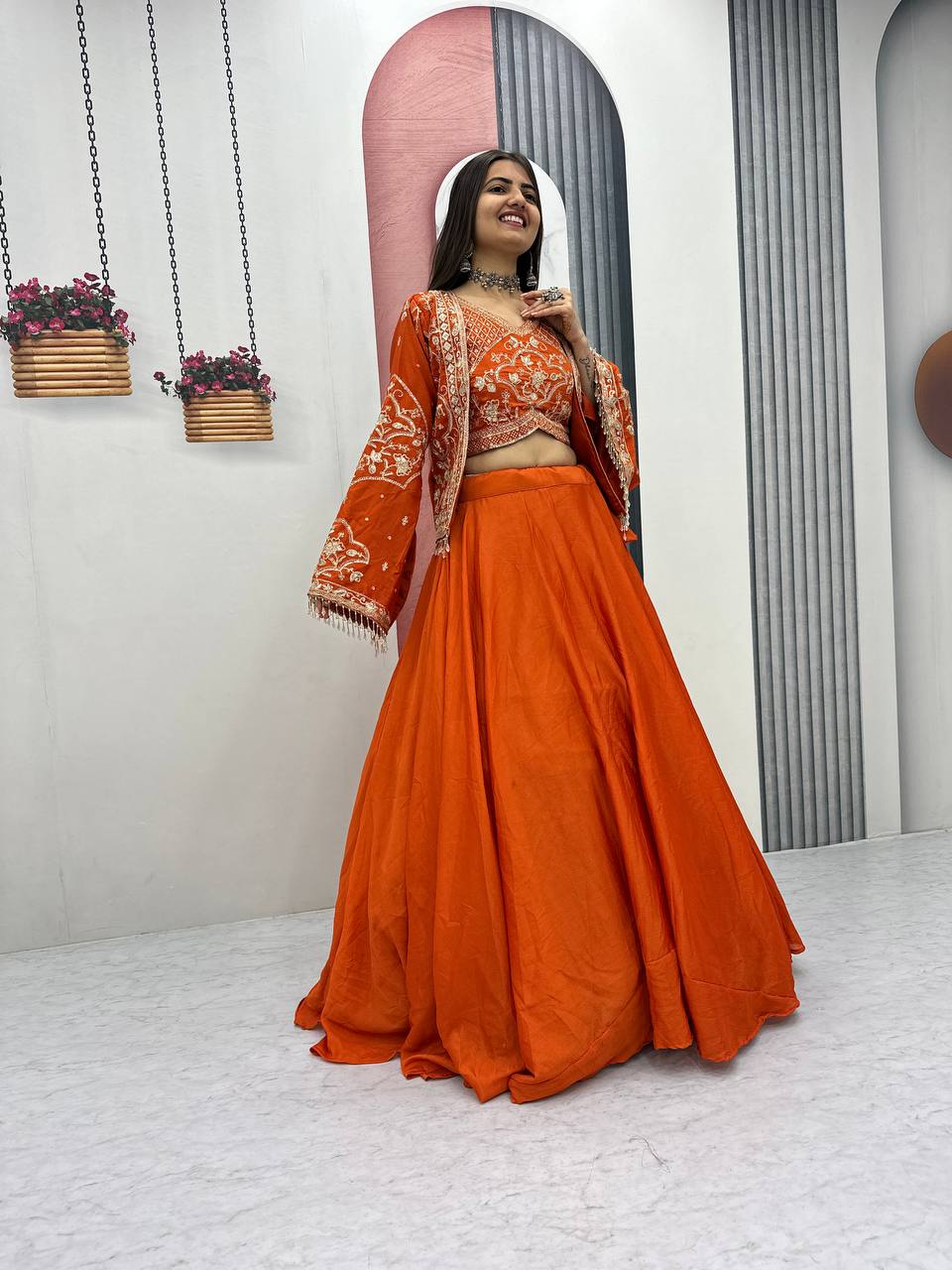 Keyara orange chinon embroidery work lehenga choli set with jacket