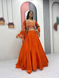 Keyara orange chinon embroidery work lehenga choli set with jacket