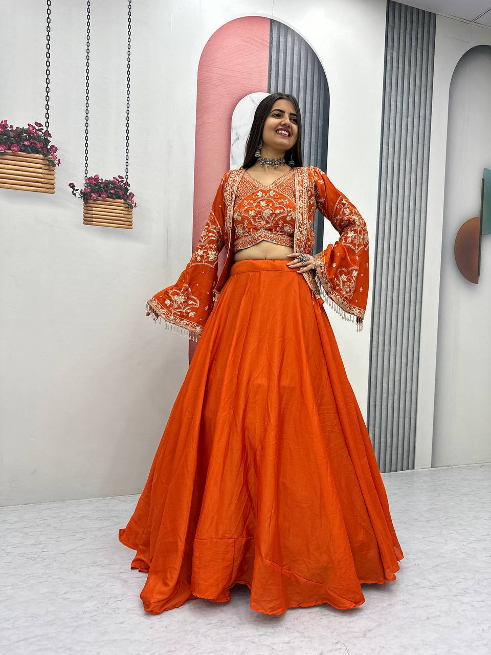Keyara orange chinon embroidery work lehenga choli set with jacket