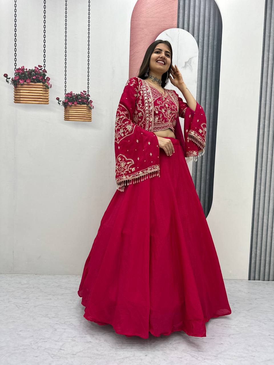 Keyara pink chinon embroidery work lehenga choli set with jacket