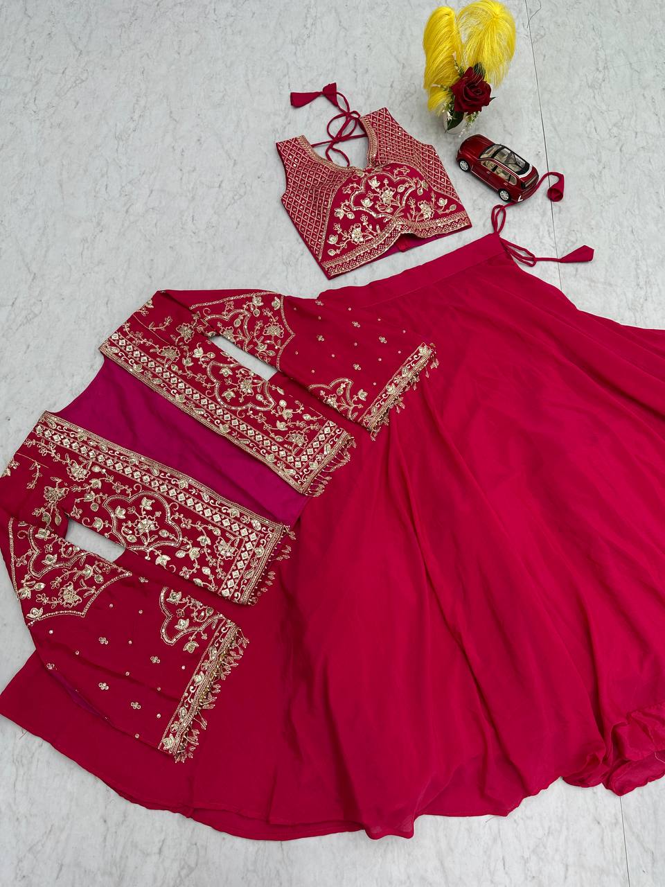 Keyara pink chinon embroidery work lehenga choli set with jacket