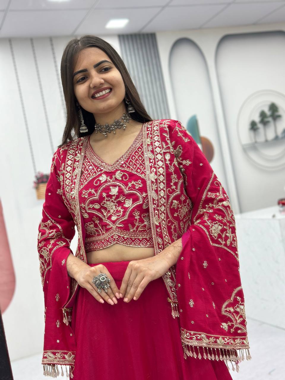 Keyara pink chinon embroidery work lehenga choli set with jacket