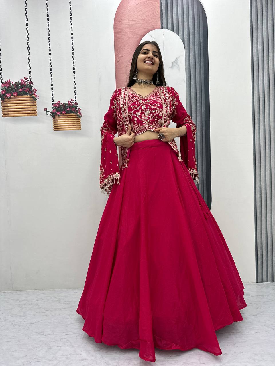 Keyara pink chinon embroidery work lehenga choli set with jacket