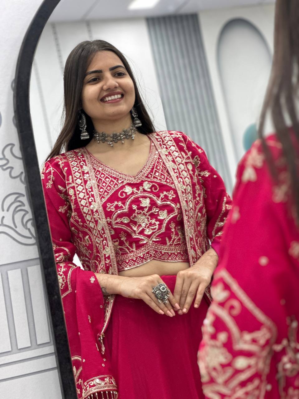 Keyara pink chinon embroidery work lehenga choli set with jacket