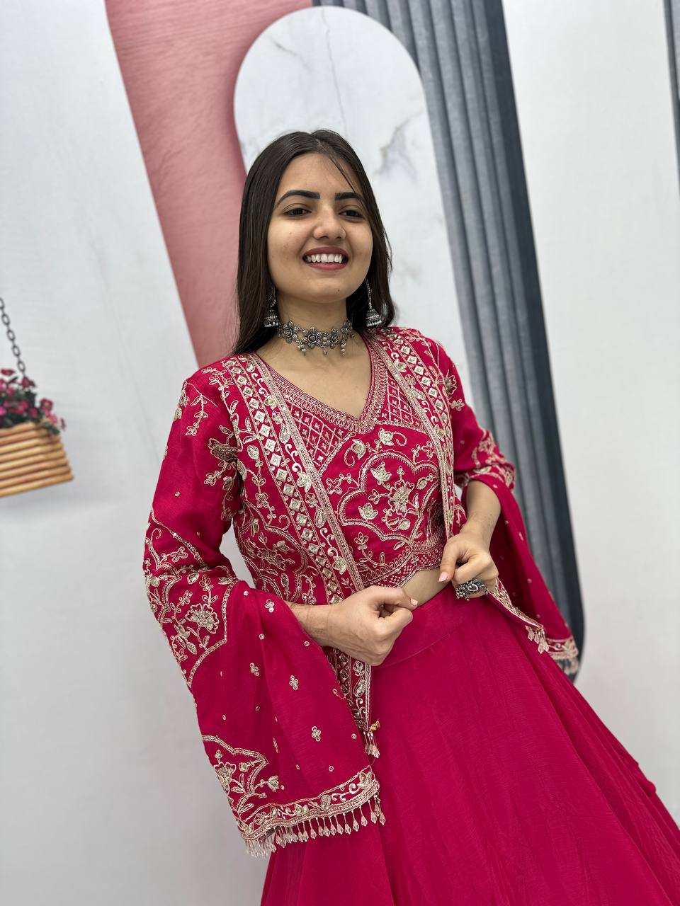 Keyara pink chinon embroidery work lehenga choli set with jacket