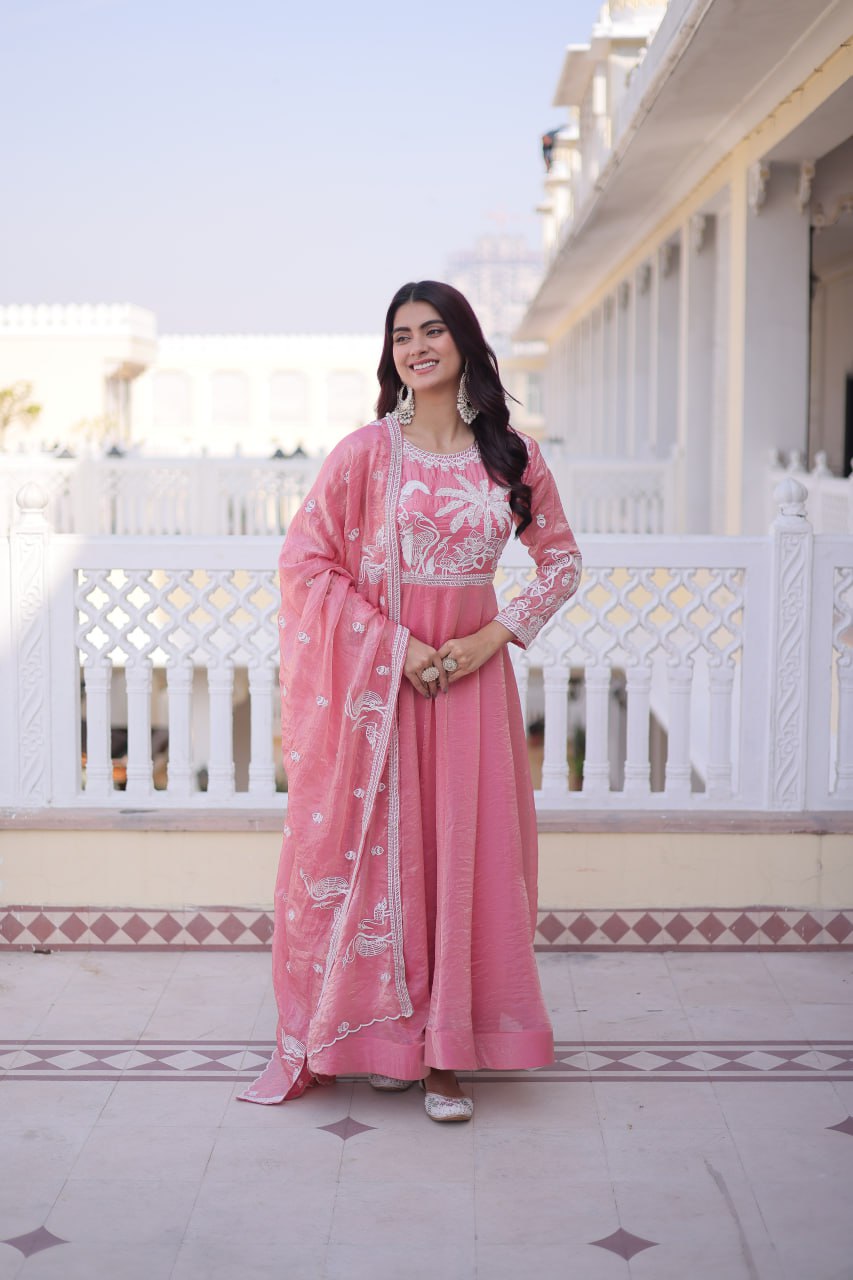 Komalika pink fendi satin thread sequins embroidered gown with dupatta set