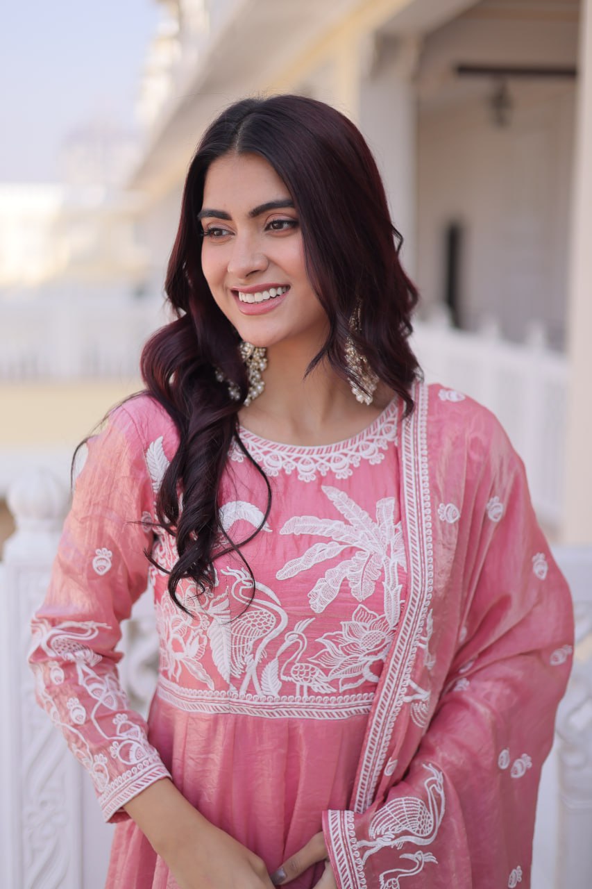 Komalika pink fendi satin thread sequins embroidered gown with dupatta set