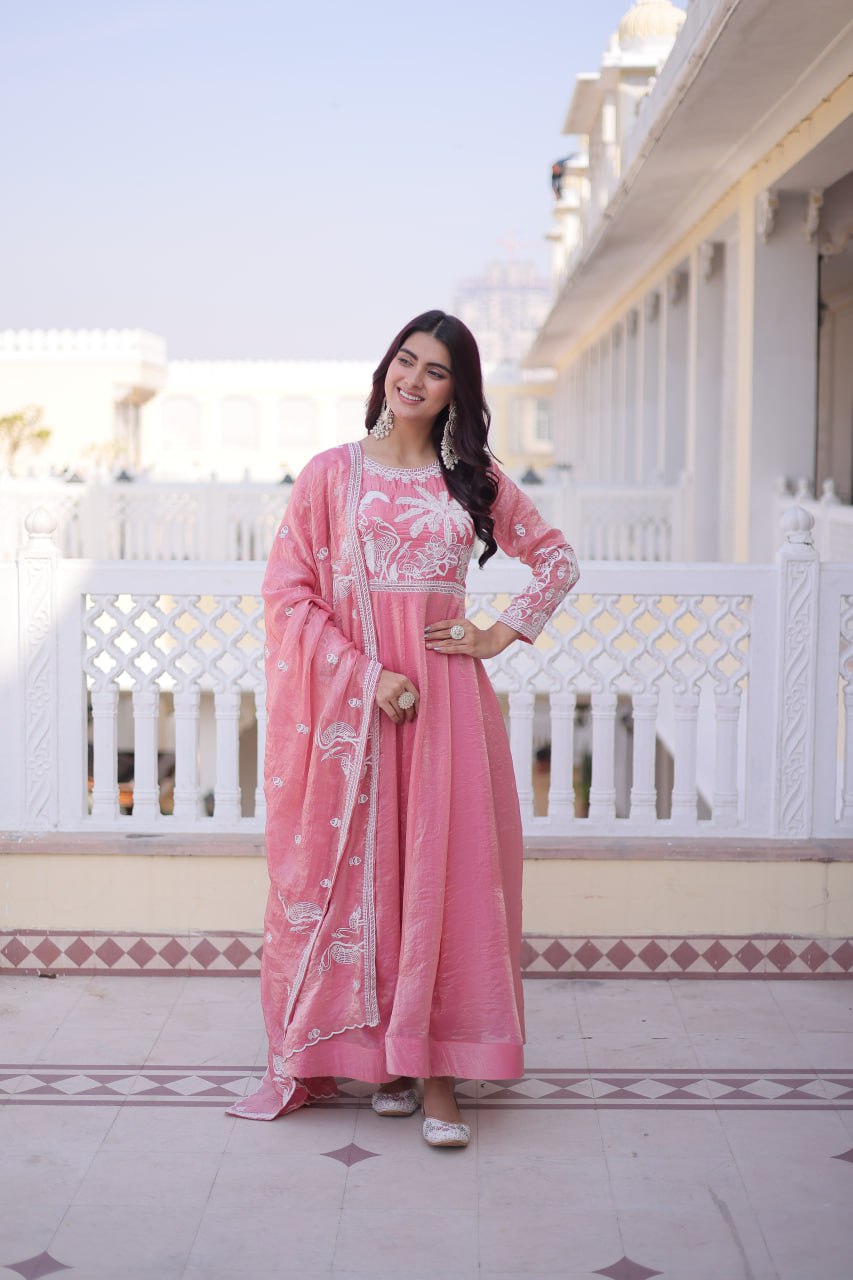 Komalika pink fendi satin thread sequins embroidered gown with dupatta set