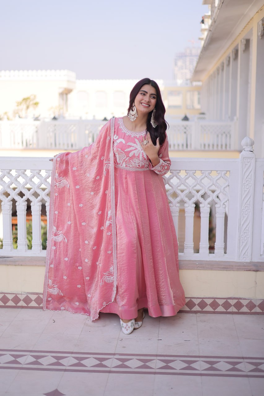 Komalika pink fendi satin thread sequins embroidered gown with dupatta set