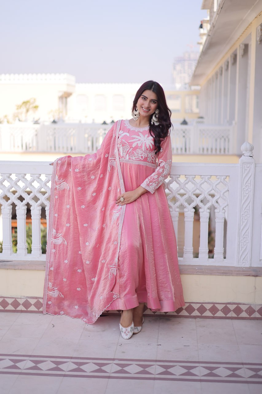 Komalika pink fendi satin thread sequins embroidered gown with dupatta set
