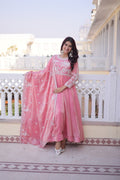 Komalika pink fendi satin thread sequins embroidered gown with dupatta set