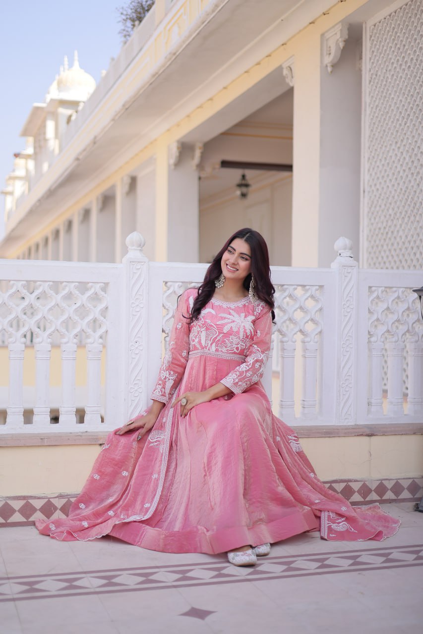 Komalika pink fendi satin thread sequins embroidered gown with dupatta set