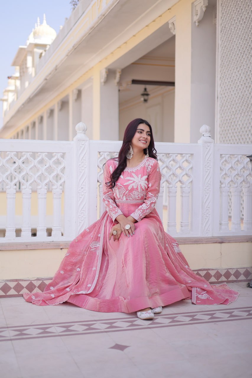 Komalika pink fendi satin thread sequins embroidered gown with dupatta set