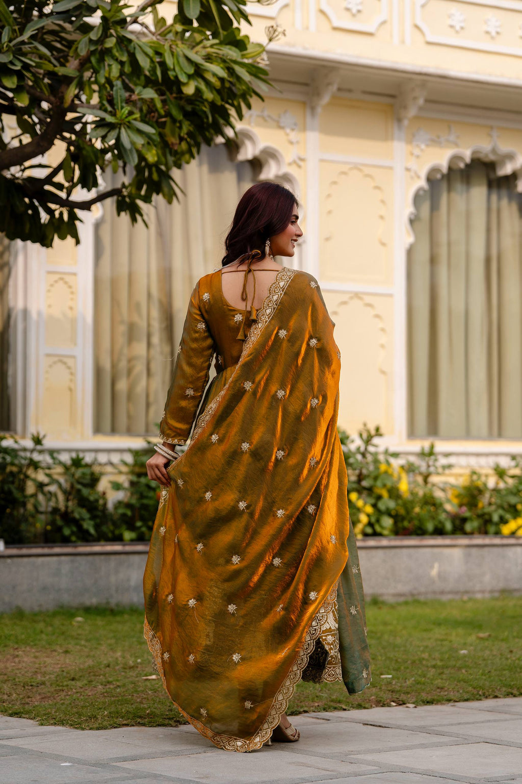 Krishnaveni olive green fendy satin embroidered gown with dupatta