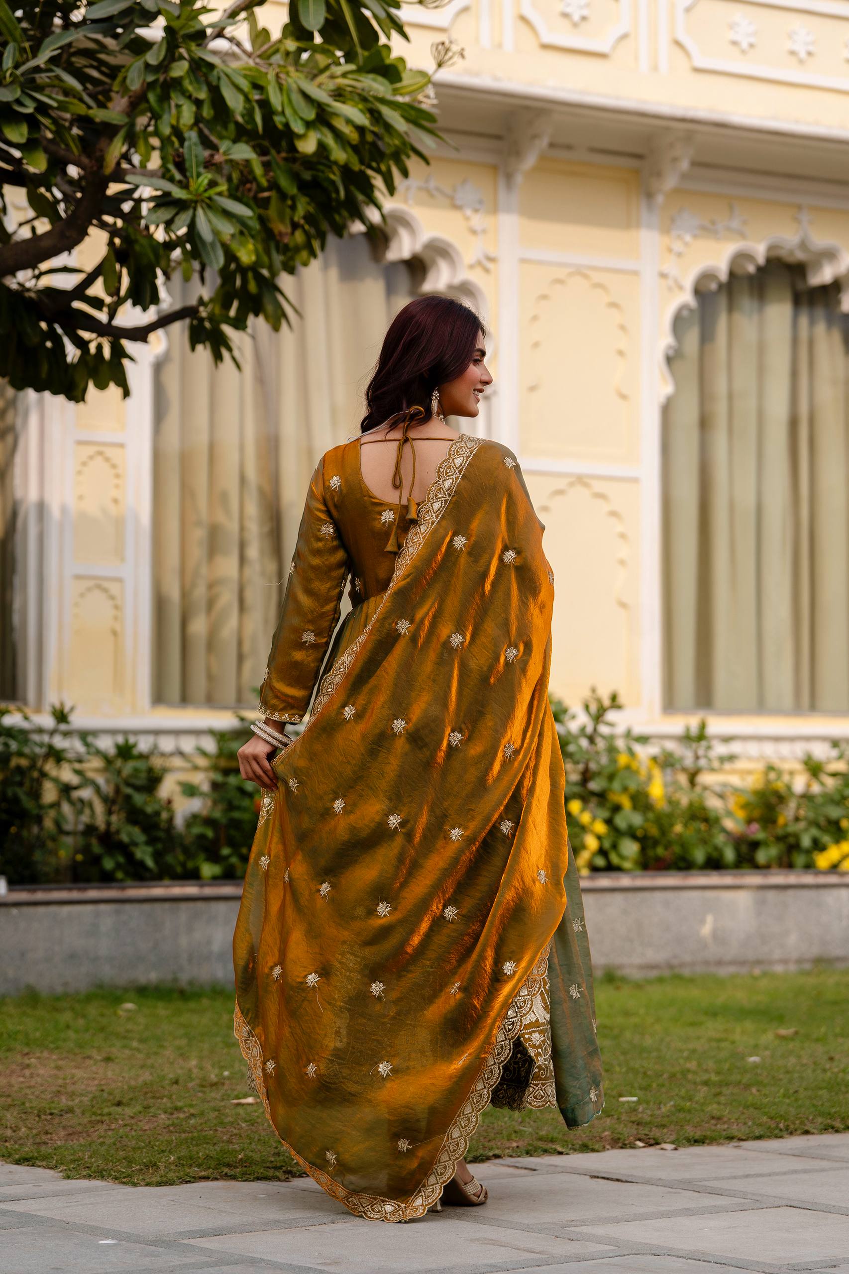 Krishnaveni olive green fendy satin embroidered gown with dupatta
