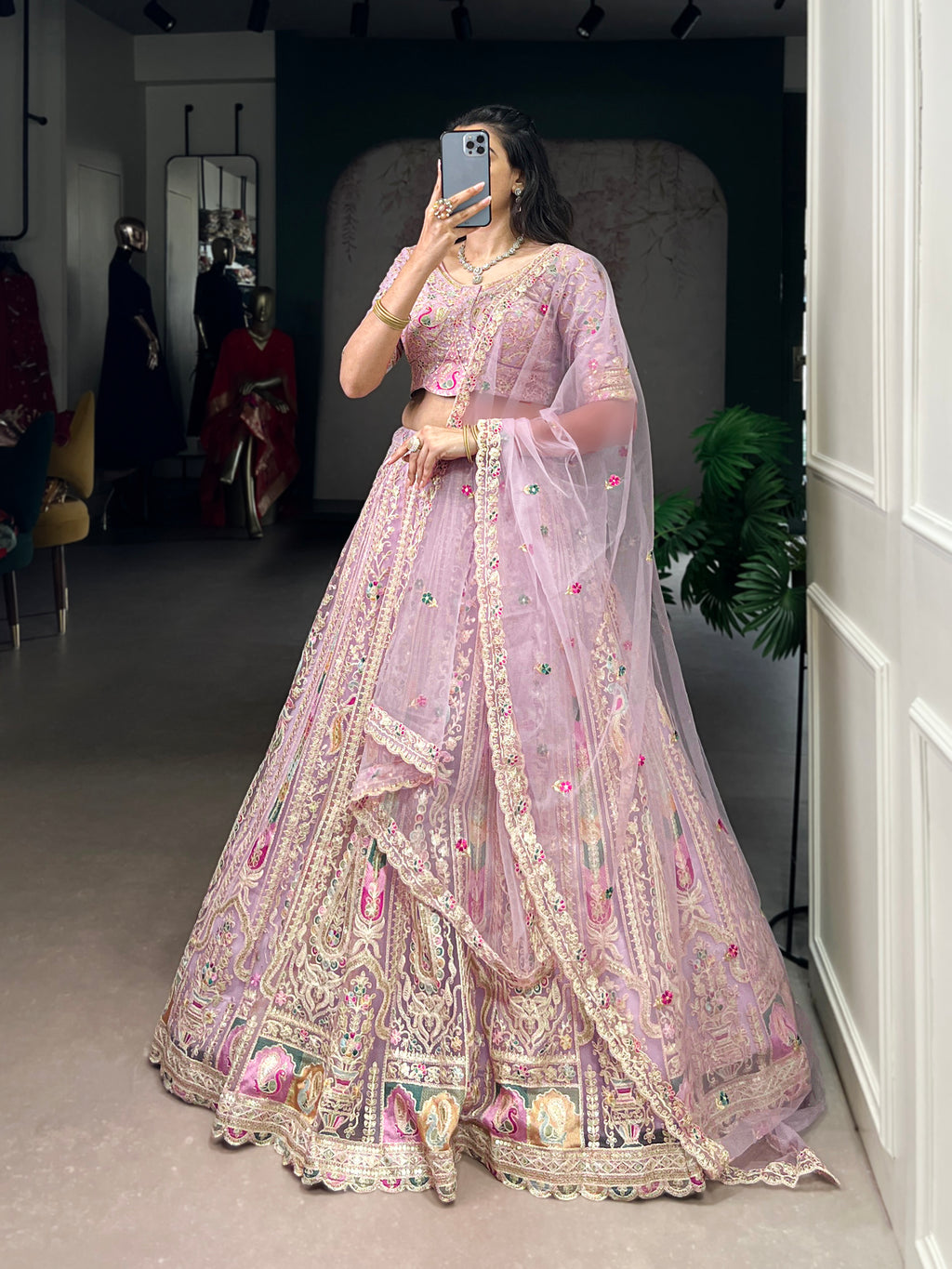 Lavender net sequins thread embroidery lehenga choli with dupatta