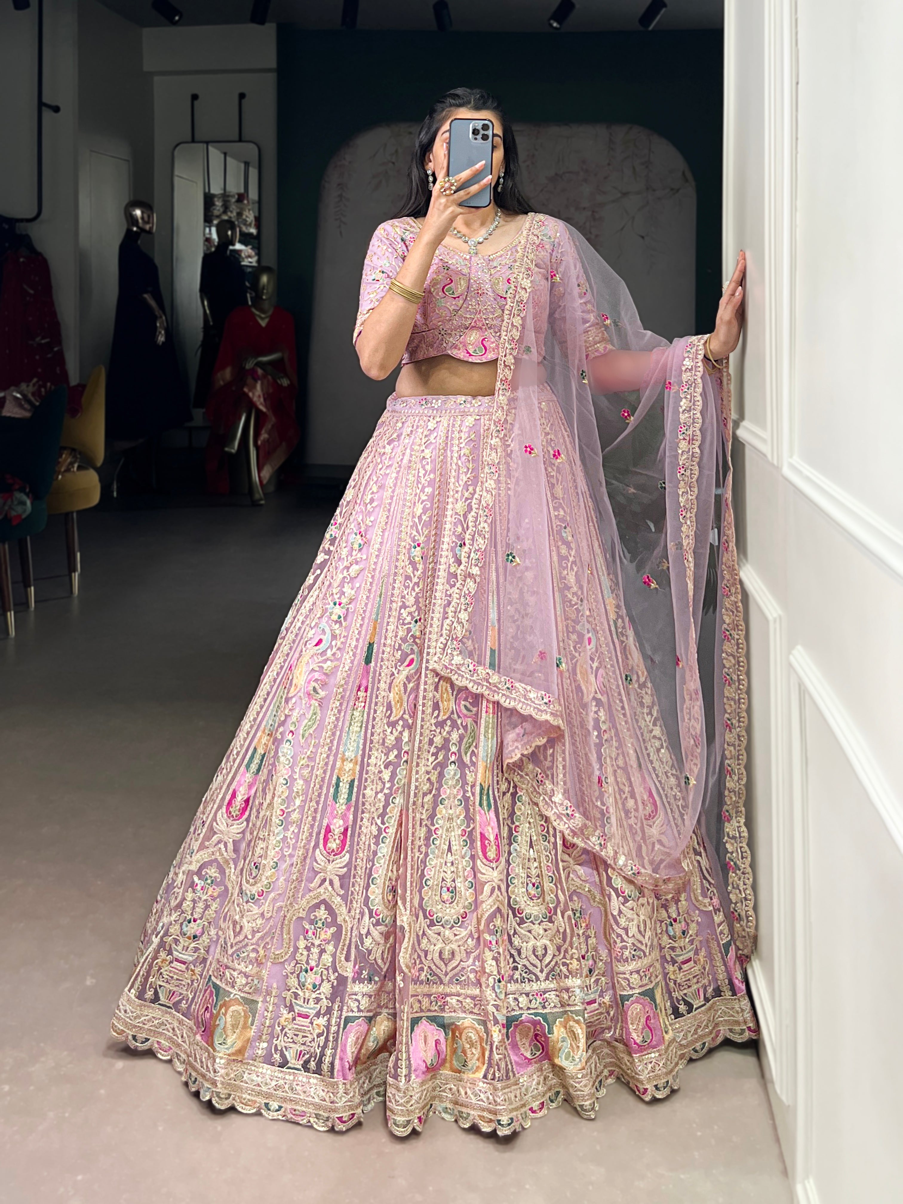 Lavender net sequins thread embroidery lehenga choli with dupatta