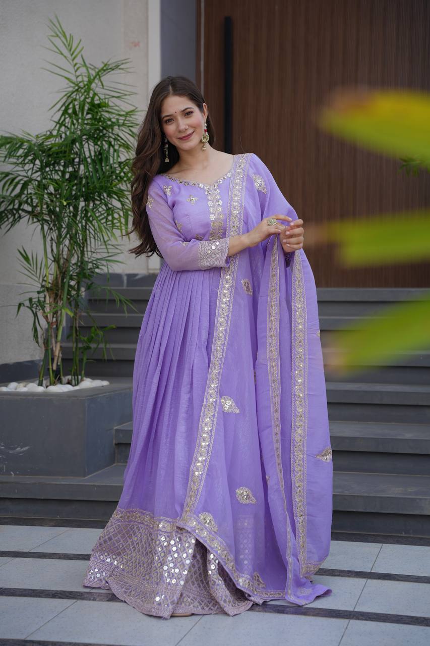 Lavender Crunchy Silk Embroidered Sequins Work Gown with Dupatta