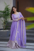 Lavender Crunchy Silk Embroidered Sequins Work Gown with Dupatta