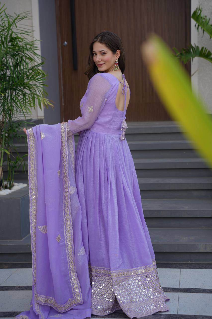 Lavender Crunchy Silk Embroidered Sequins Work Gown with Dupatta